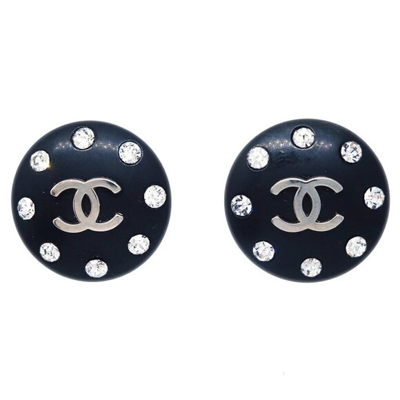 Chanel Button Earrings Clip-On Rhinestone Black - Picture 1 of 4